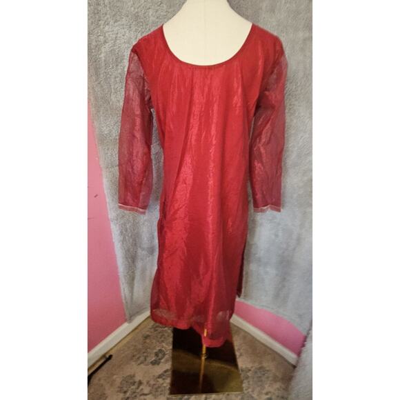 VTG Indian Bollywood Kurta Dress Kameez Hippie Boho Red Sheer Flowers 42 Large - Picture 5 of 5